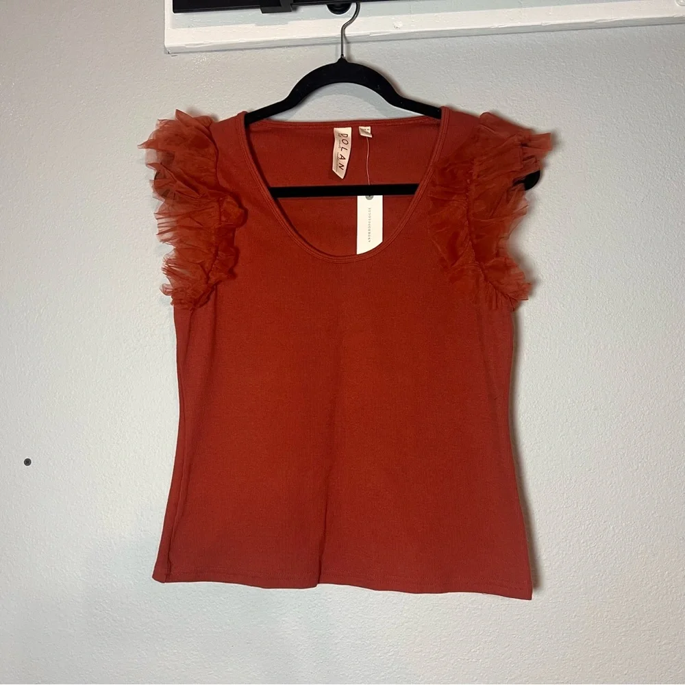 Anthropologie Dolan Tulle Sleeve Tank Top Size Medium Burnt Orange Rust NWT - Picture 3 of 11